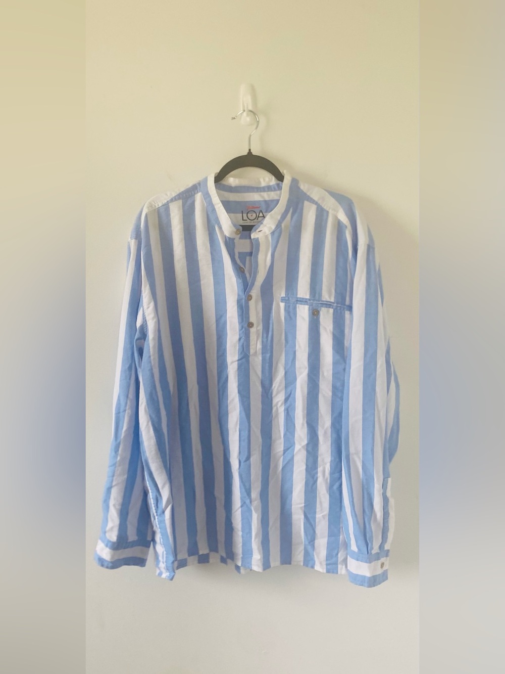 Rail Riders Love of Adventure Shirt Size XL Striped Band Collar Outdoor Travel